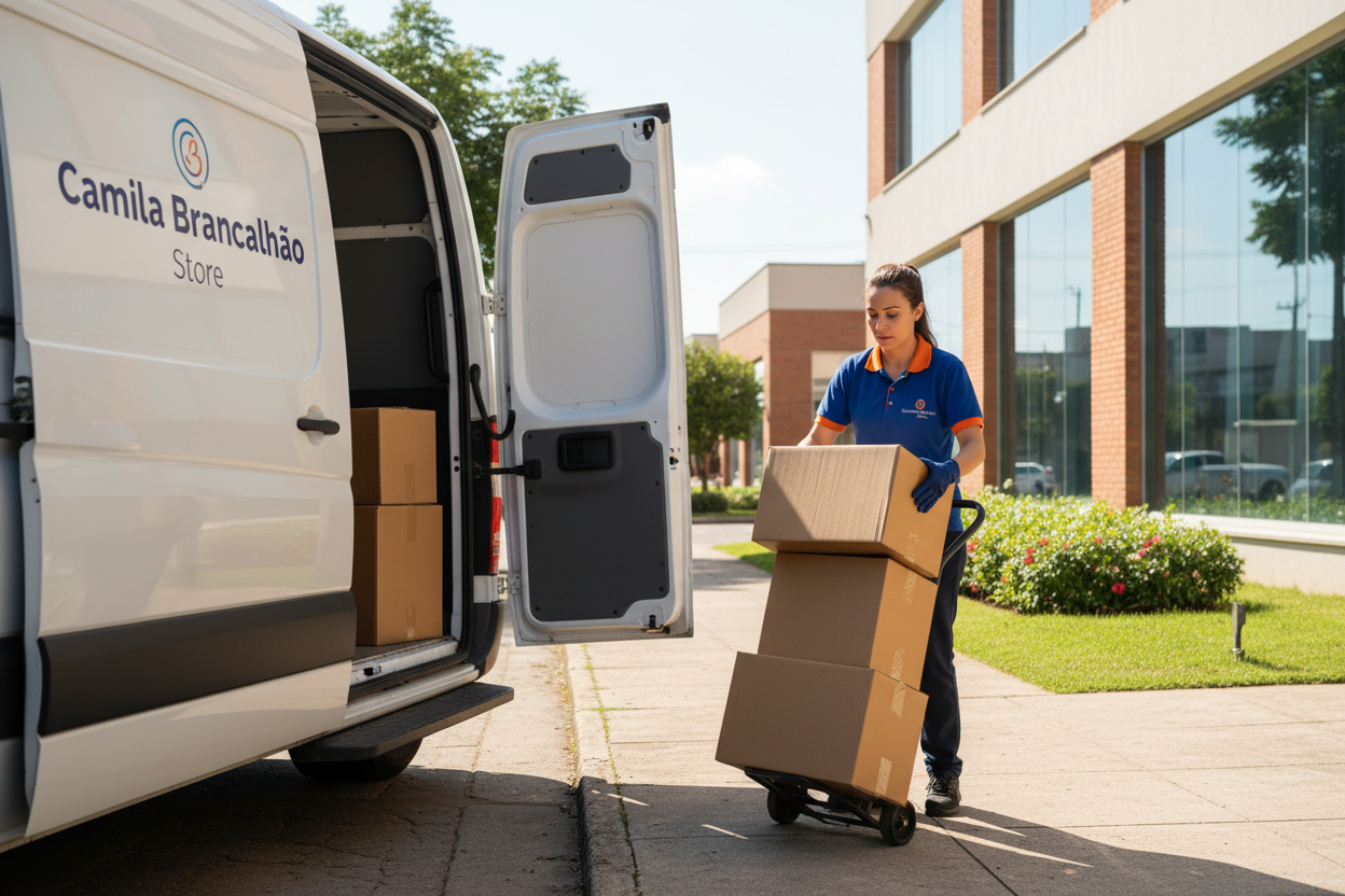 gere uma imagem de um entregador retirando caixas de uma van branca, na van deve estar escrito Camila Brancalhão Store