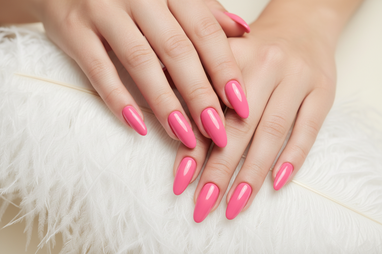 MAOS BONITAS COM UNHAS LONGAS E ESMALTADAS EM ROSA, EM CIMA DE UMA pluma branca